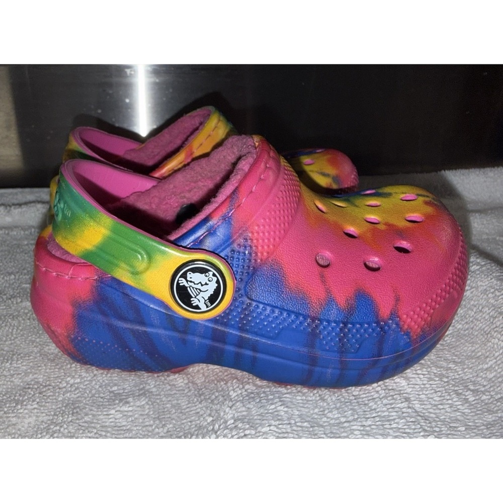 Crocs Classic Lined Tie-Dye Graphic Clog Pink Fuzzy Comfort Shoes‎ Kids Size C5